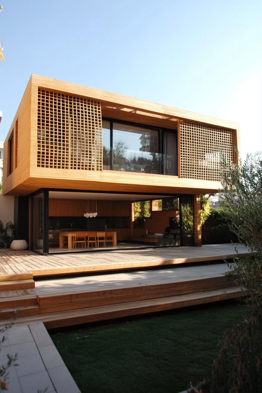 modern wood house light wood bold geometric facade 3