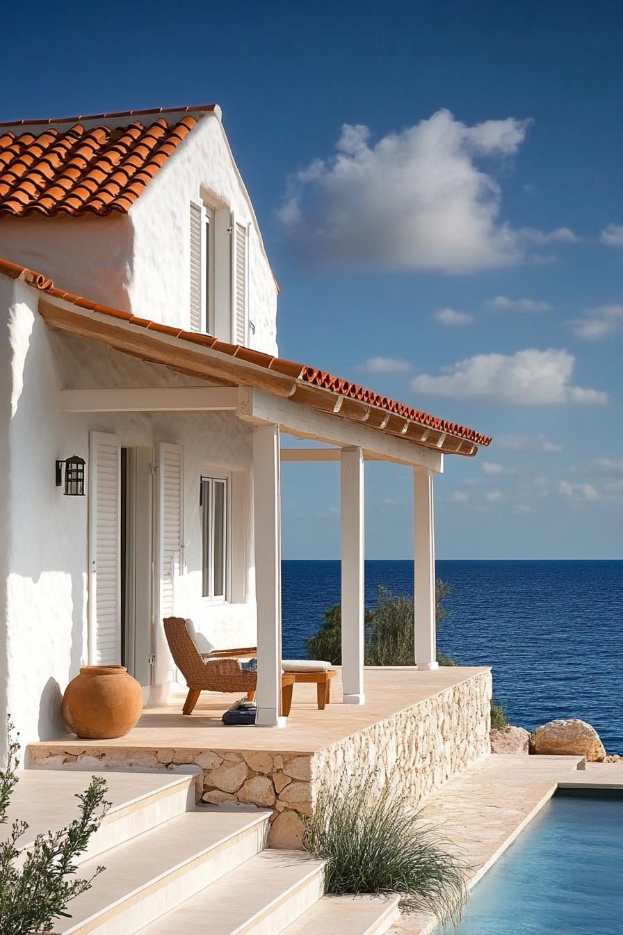 Greek island chalet modern facade with terracotta roof open veranda sea views 2