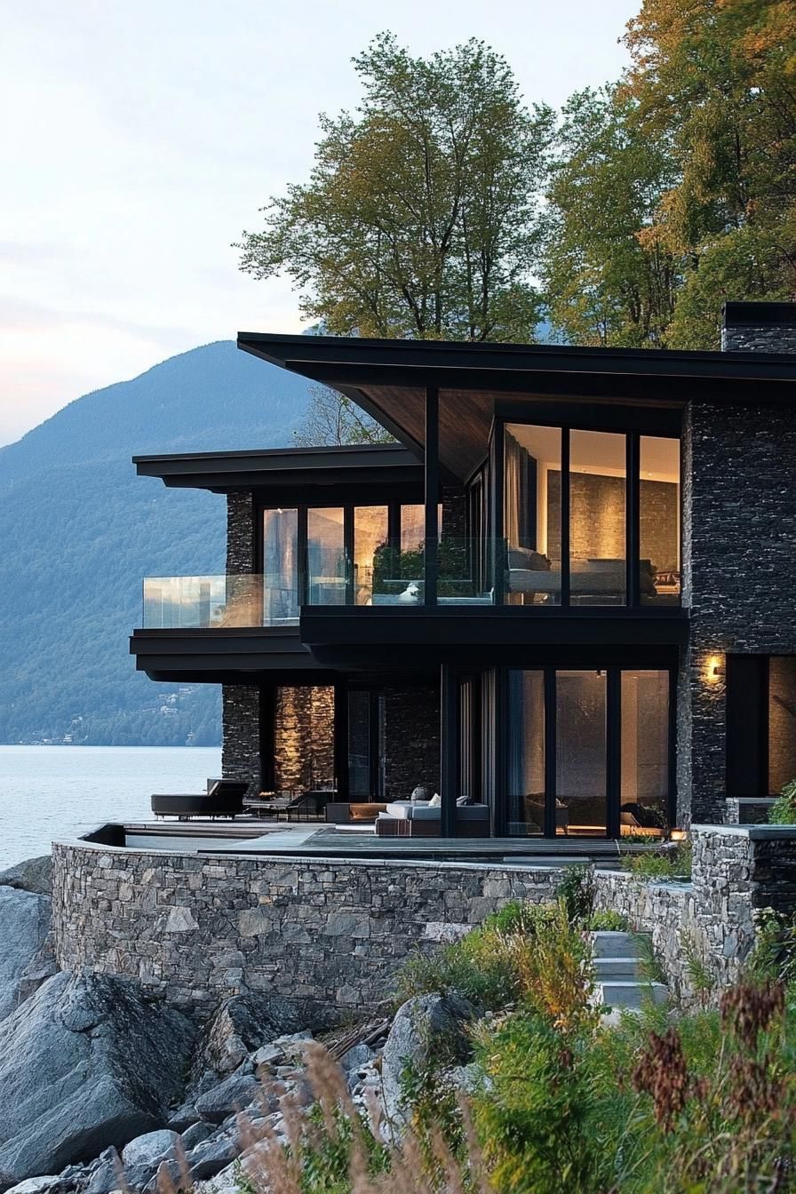 modern mountain house with dark stone facade and black beams with stunning lake mountain views