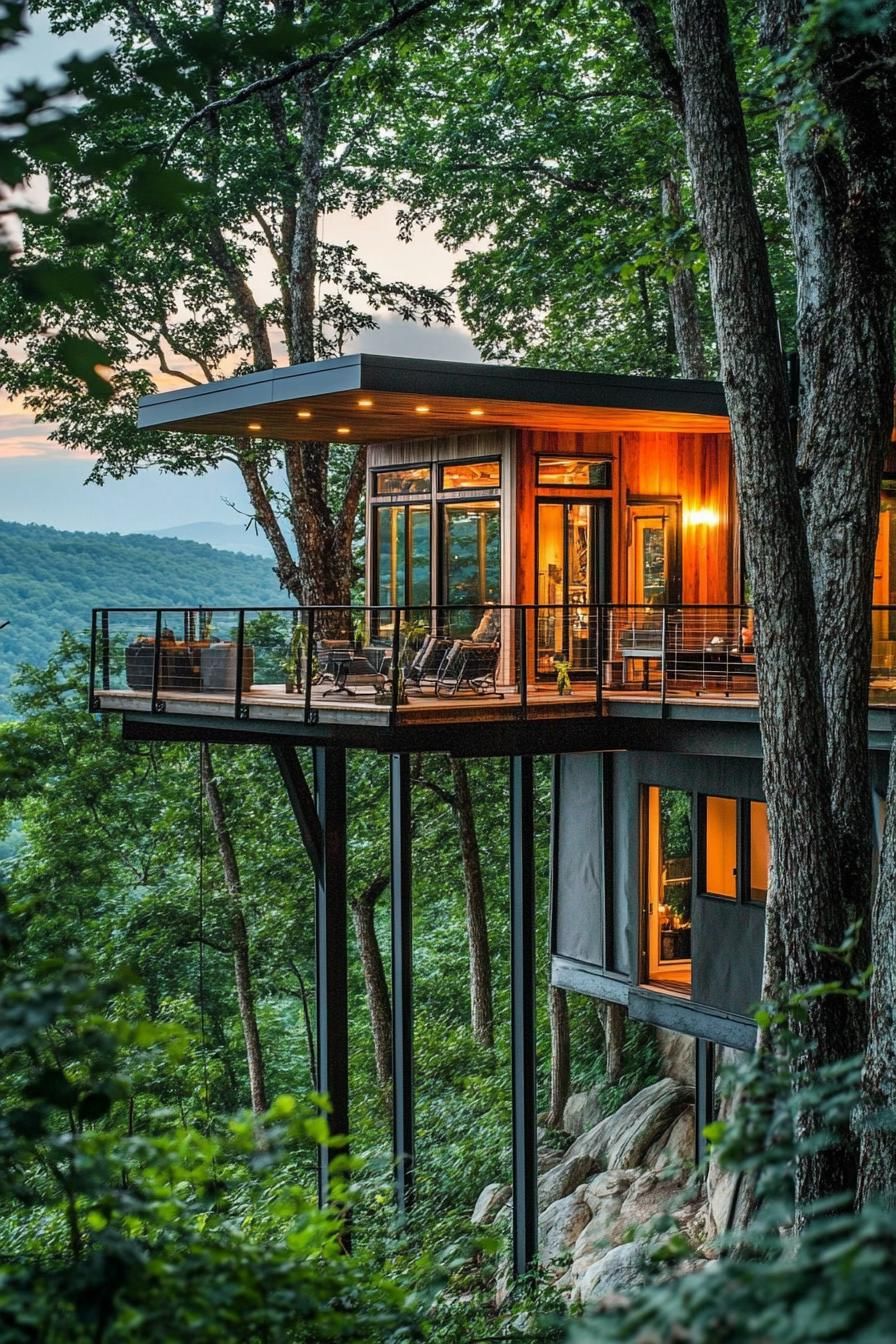 modern mountain pod house on high stilts in lush mountain woods 3