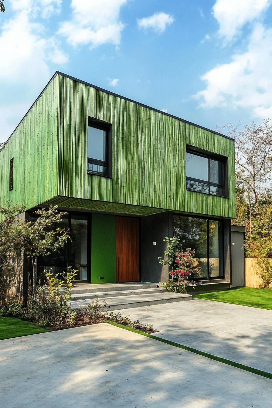 modern house with green color facade with bamboo cladding painted green 2