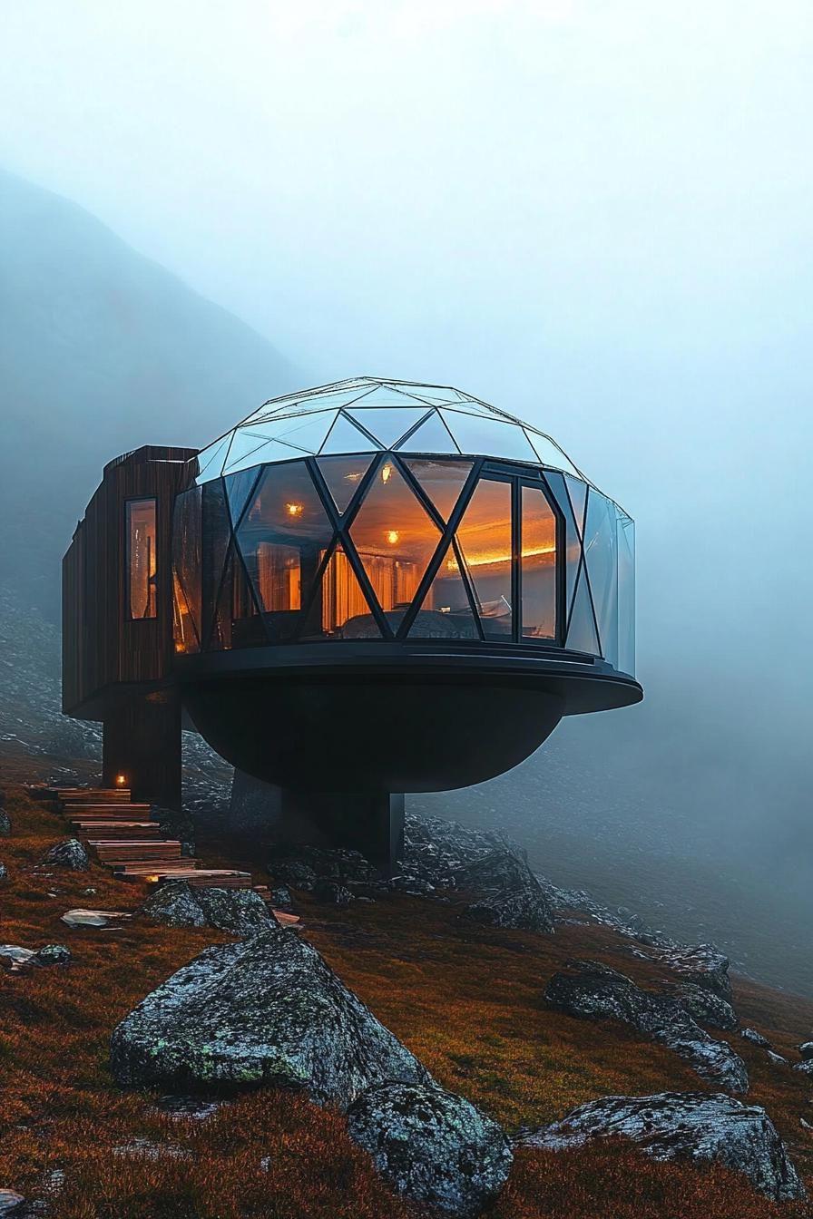 futuristic glass and metal yurt house in misty Nordic mountains 3