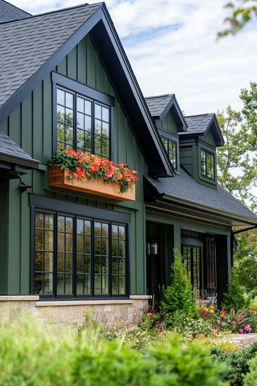 upclose craftsman house in hunter green siding dark roof modern windows with flower boxes