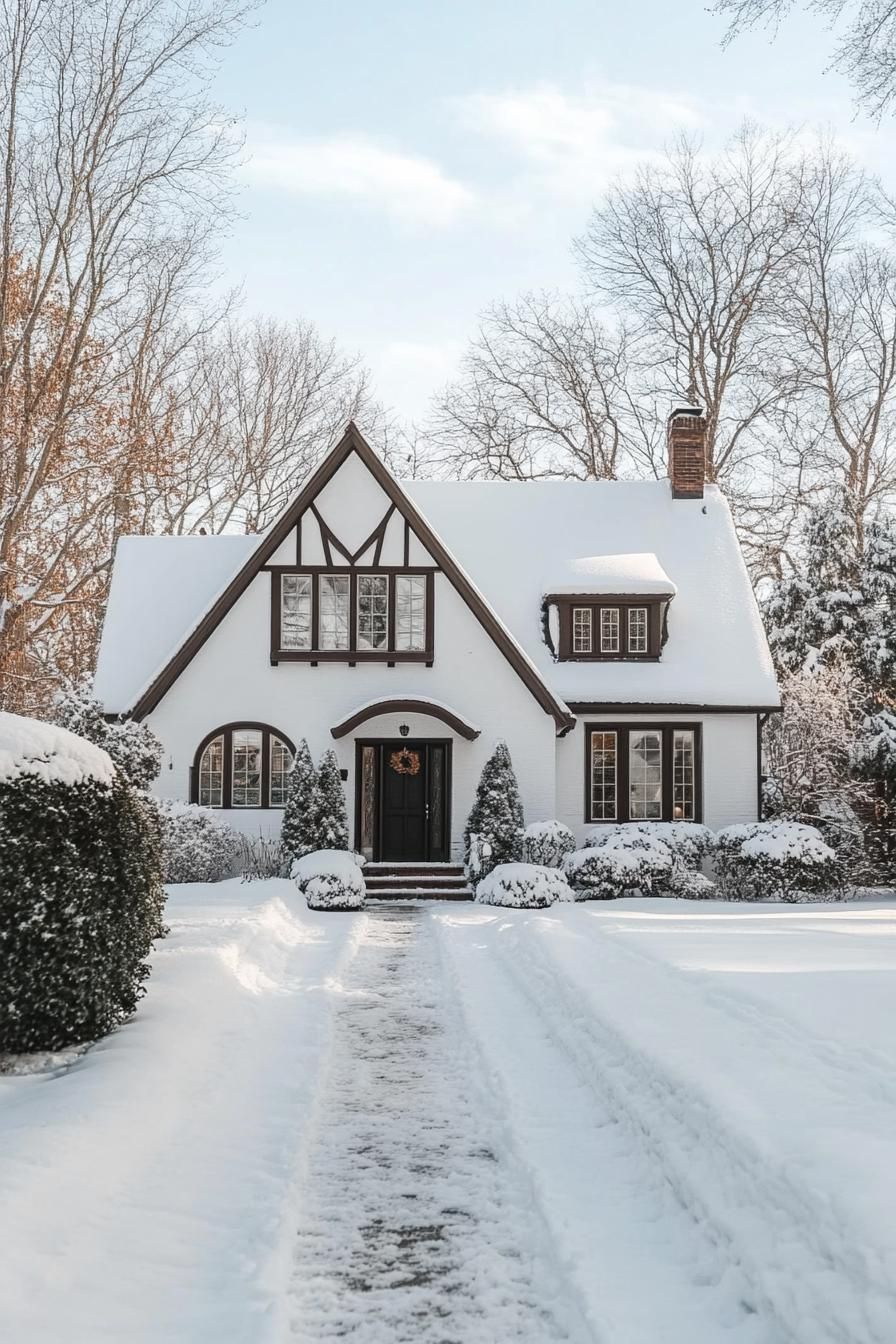 Snow-Covered Tudor Home with a Seasonal Wreath