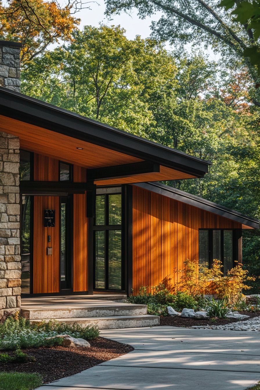mid century modern house wood and stone siding 4