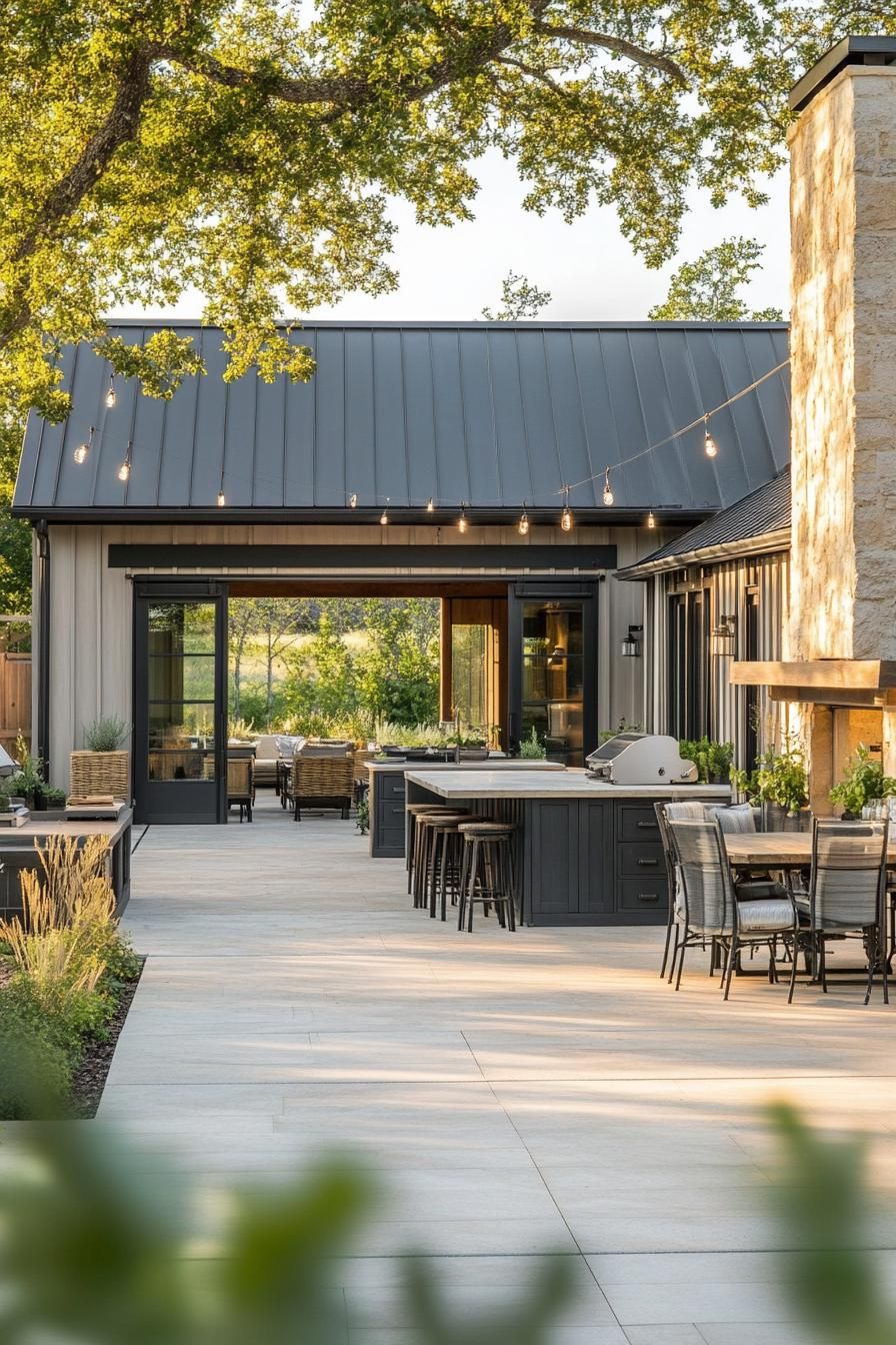modern L shaped farmhouse courtyard with outdoor kitchen area connected to the inside via sliding barn door 2