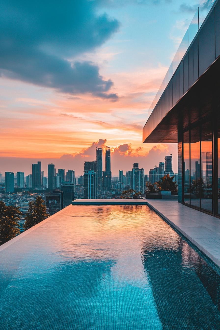 modern house with infinity pool overlooking big city skyline 3