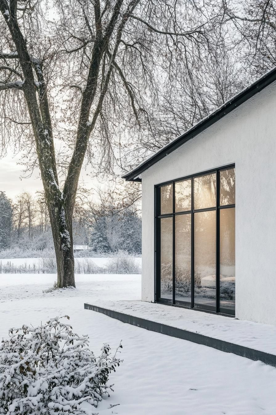 modern French house black steel frame with white plaster in French winter countryside 2