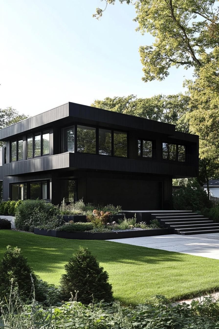 mid century modern black house black concrete geometric facade full house view 3