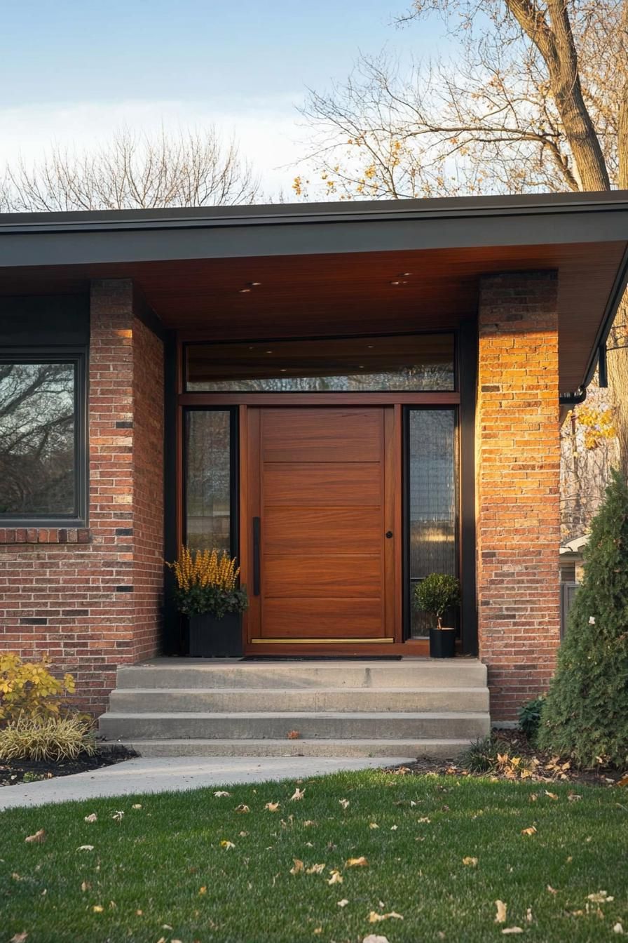 mid century modern 1950s style house facade with brick and wood accents