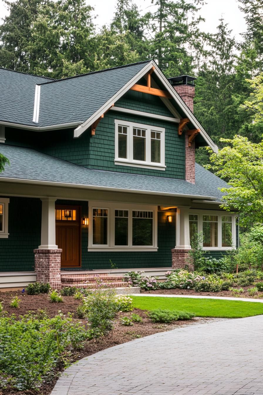 modern craftsman house in laurel green siding forest green roof multi pitch roof multi dormers white window trim extended porch with columns on