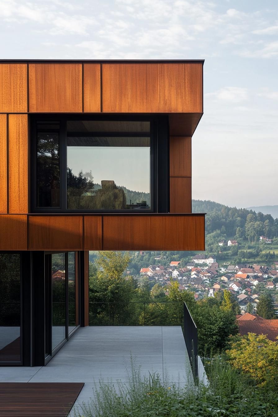 modern timber frame house facade with corten steel elements full house view with a hilly town in the distance 3