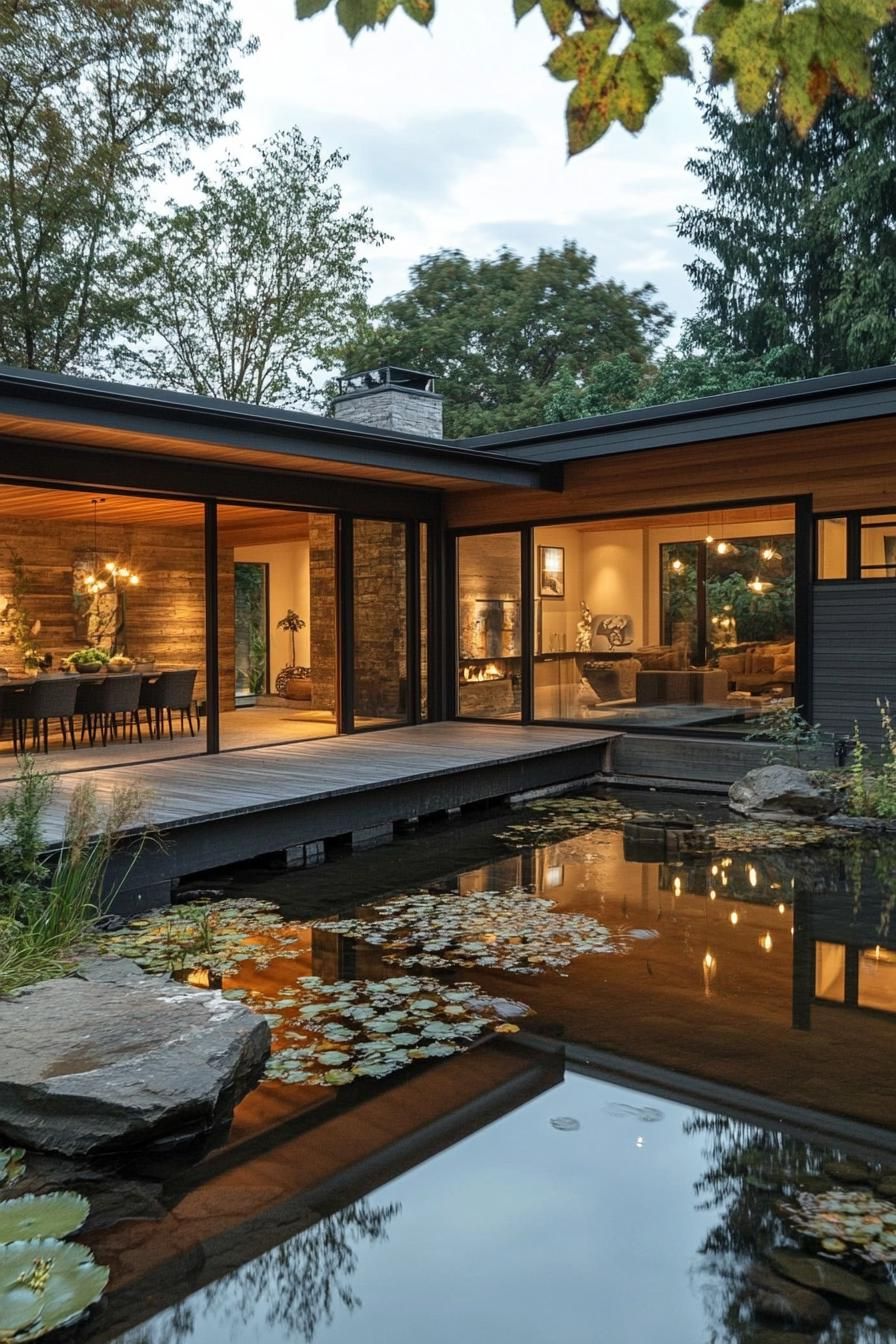 modern ranch house with rustic siding with bridge style atrium over a pond 3