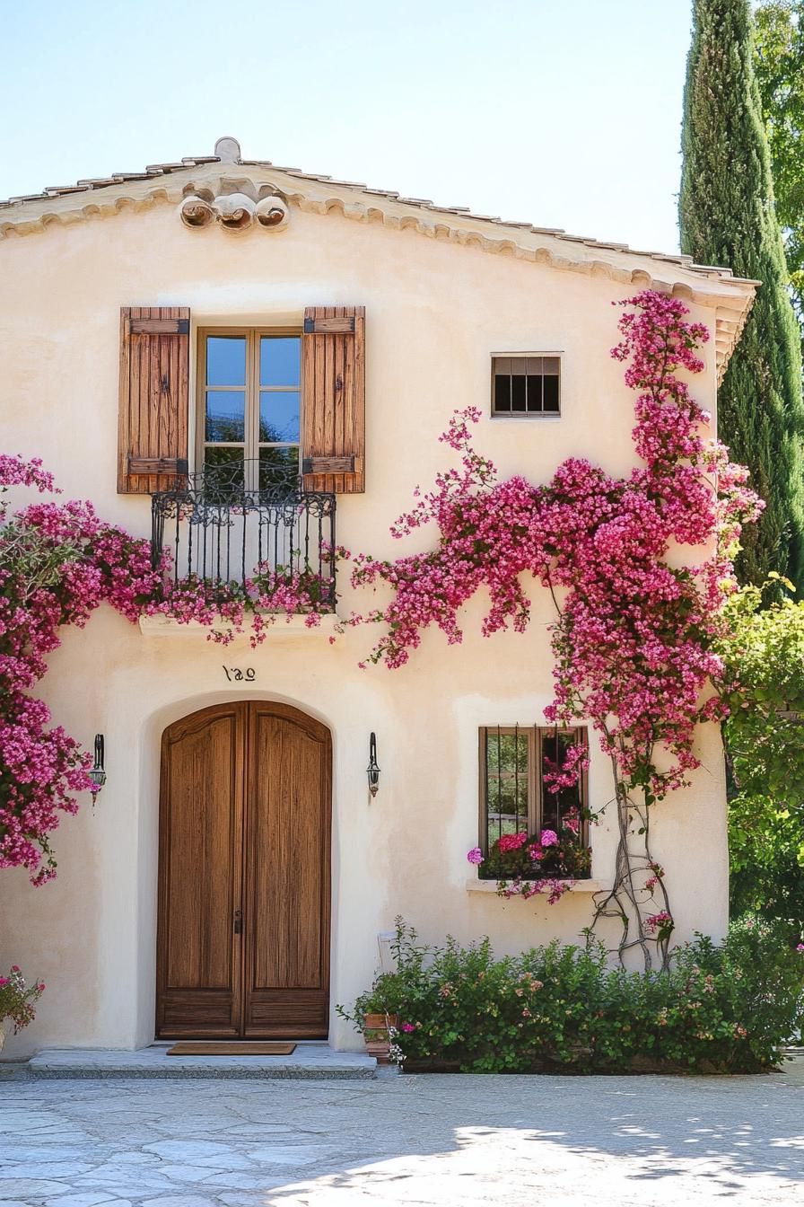 modern Tuscan mediterranean house stucco facade with wooden shutters bougainvillea vine climbers 3
