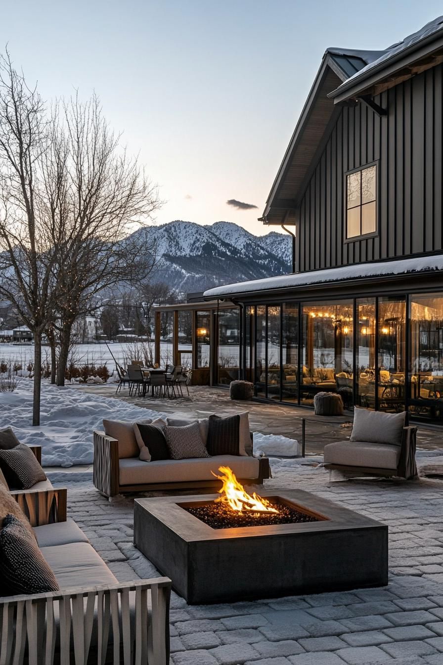 modern farmhouse L shaped courtyard with firepit lounge mountain views in winter 2
