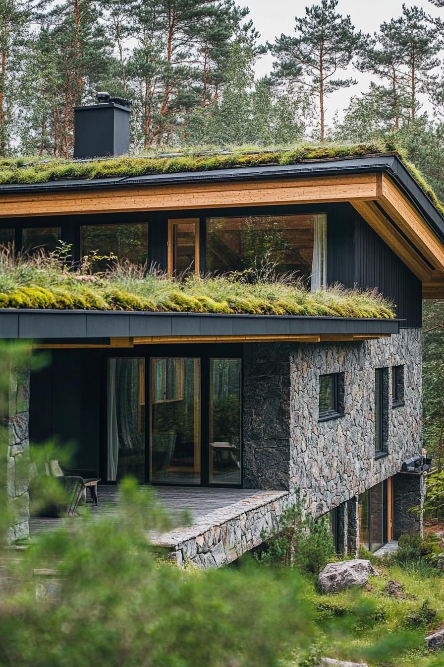 modern forest house log cabin facade with green living roof 2