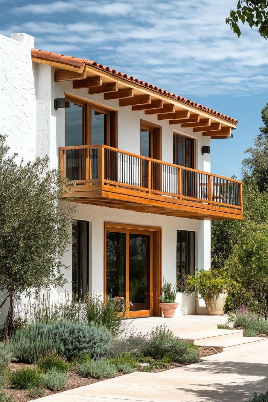 mid century modern and antique style house facade with stucco siding and wooden balconies mediterranean garden 2