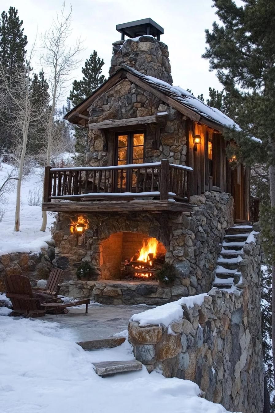 Tiny Mountain Home With a Compact, Cozy Stone Fireplace