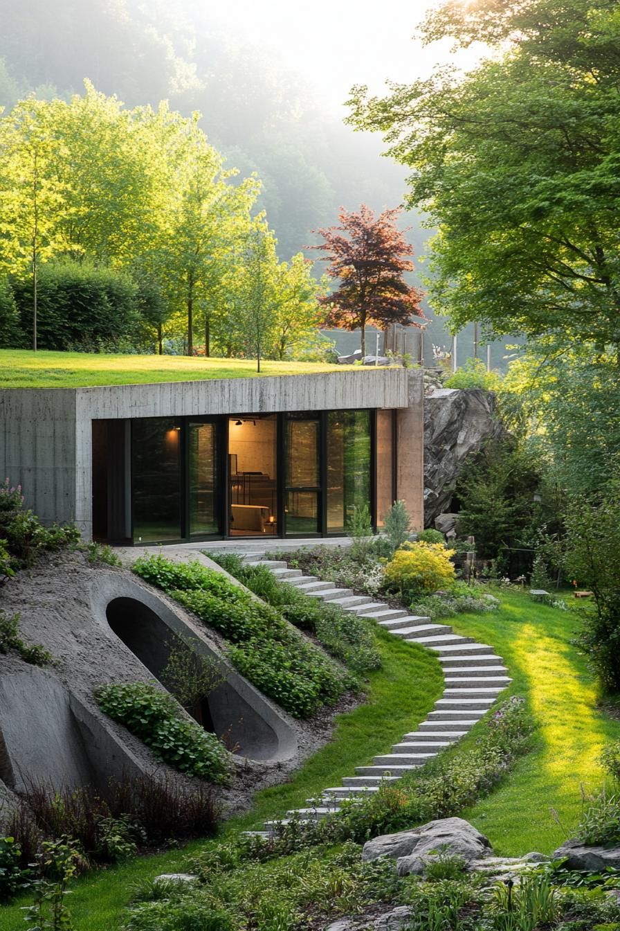 modern underground bunker house in mountain forest with lush garden yard 3