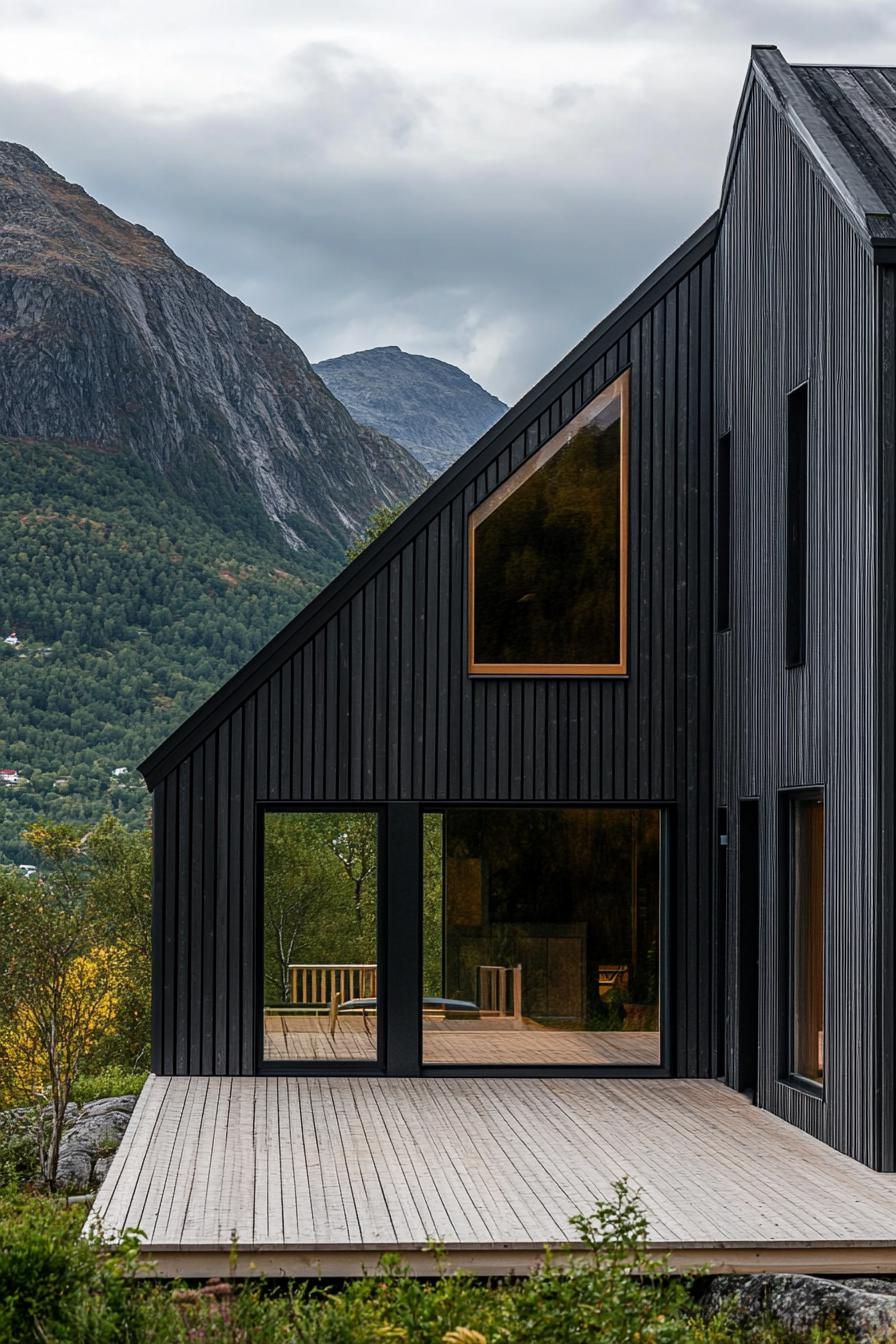 modern barndominium house burnt wood facade with dark grey metal trusses stunning Scandinavian island mountain views 2