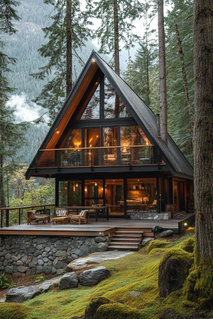 Dark Stained Wood Siding and Natural Stone Foundation