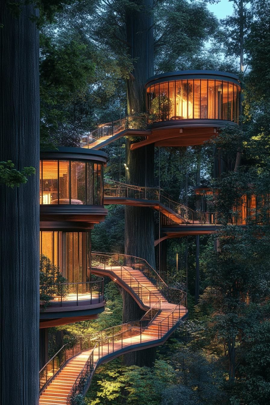 modern glass treehouse village with several cabins connected with suspended bridges between high trees