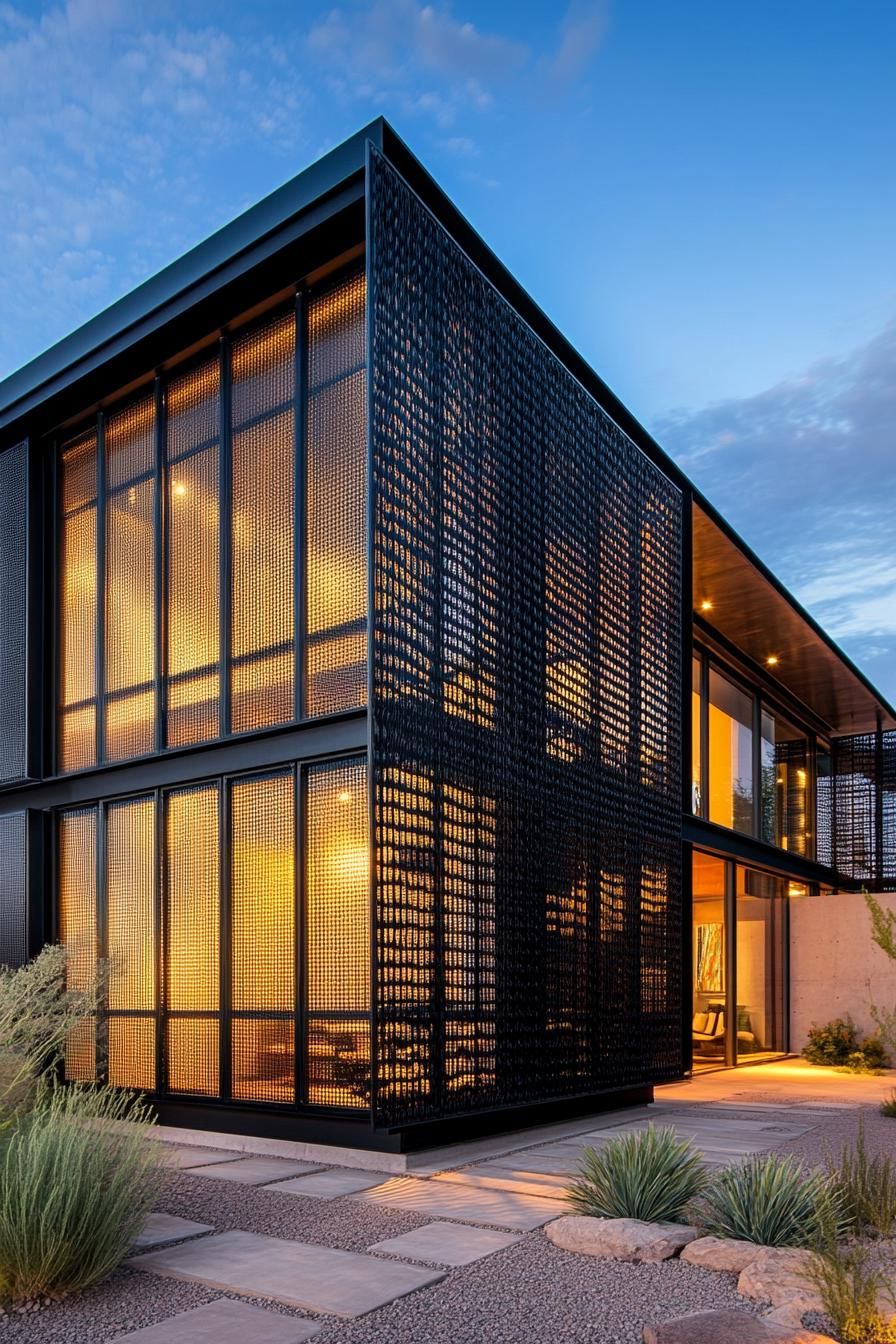 mid century modern black house black metal mesh facade with LED lighting