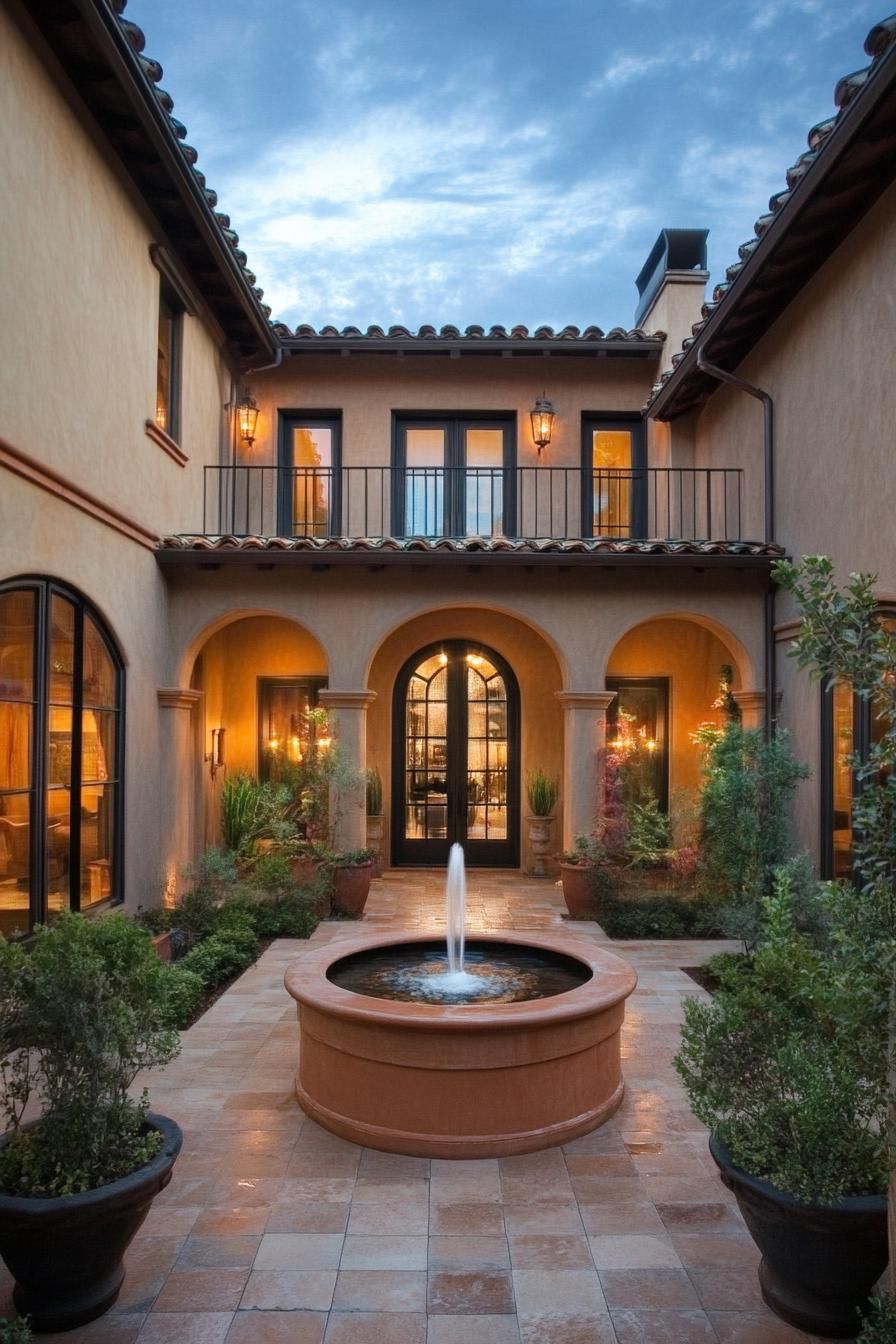 small modern mediterranean house with arched doorways courtyard with fountain
