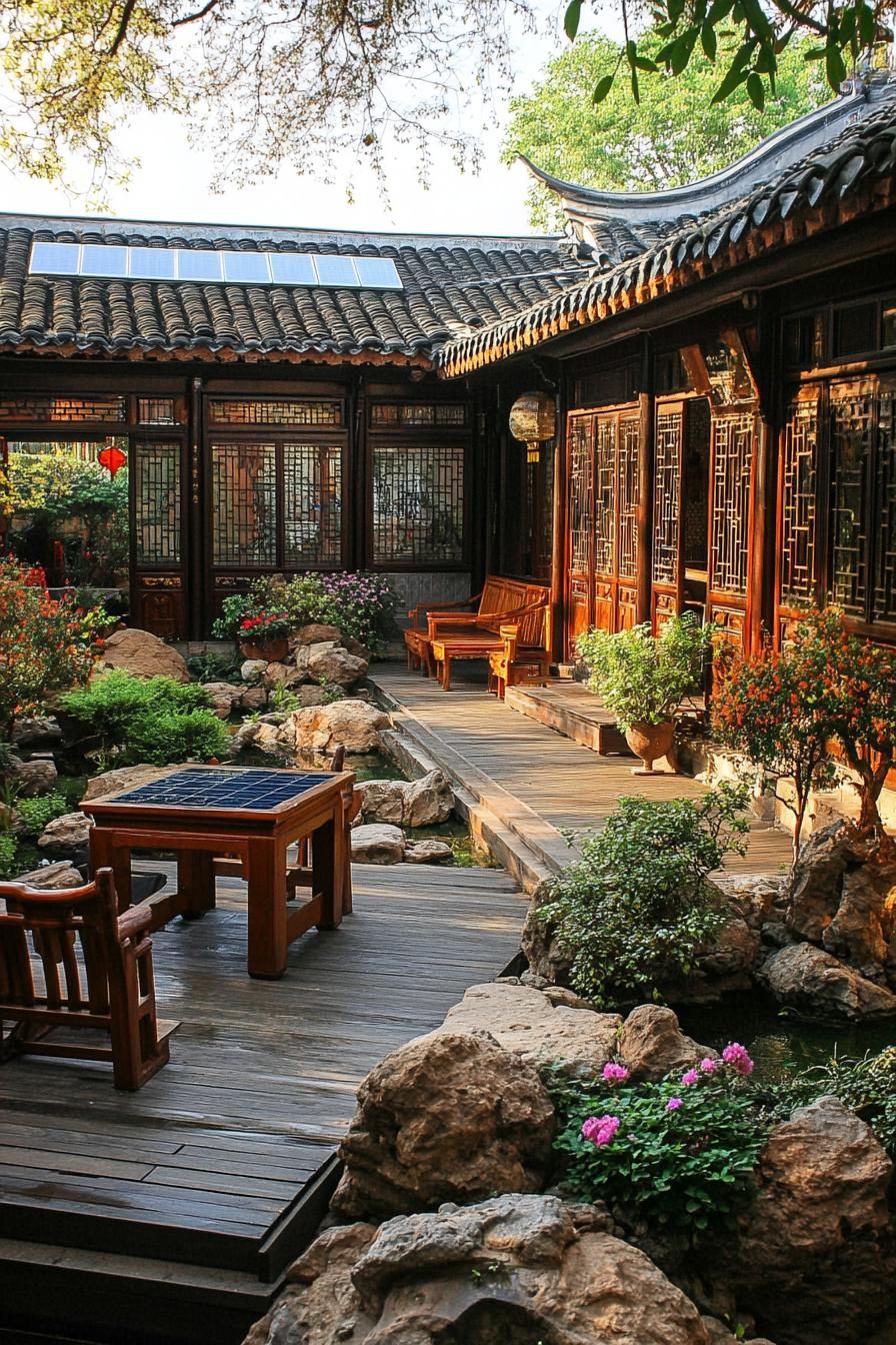 chinese inner courtyard wooden deck wooden furniture garden rocks flower bushes chinese detailing solar panel visible on the roof