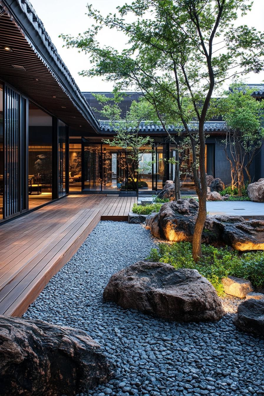 chinese inner courtyard with garden walls wooden deck rocks chinese detailing modern office building visible over the roof from the courtyard 2