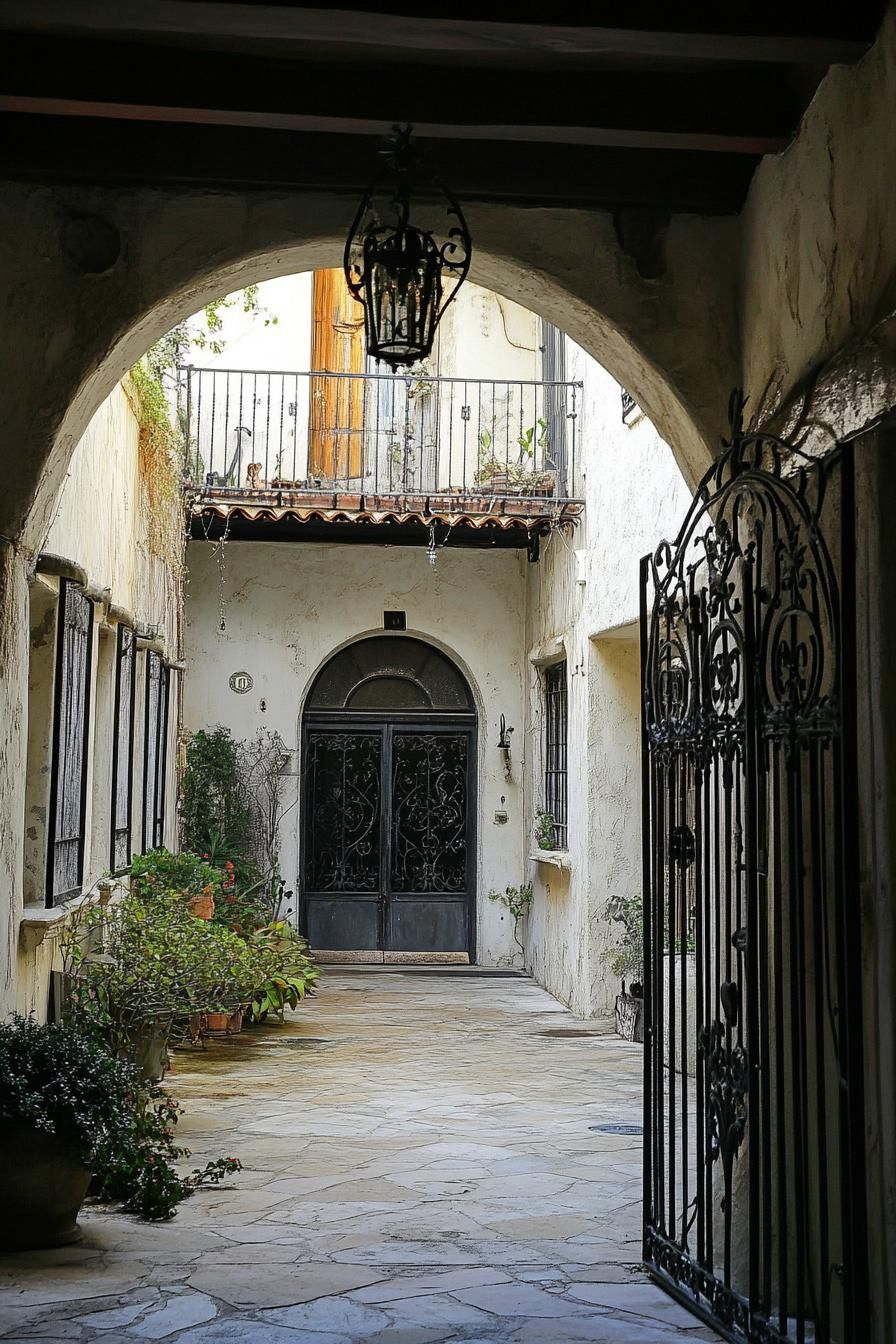 mediterranean revival architecture home courtyard with arched doorway and wrough iron ornate gate 3