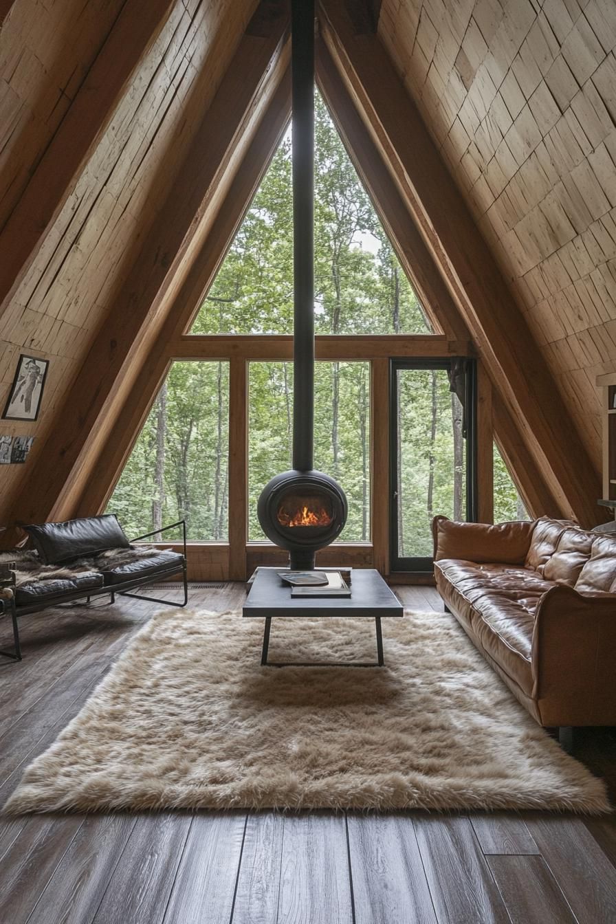 a frame forest cabin interior with natural wood slatted ceiling hardwood floor and big faux fur area rug leather furniture full glass window 2