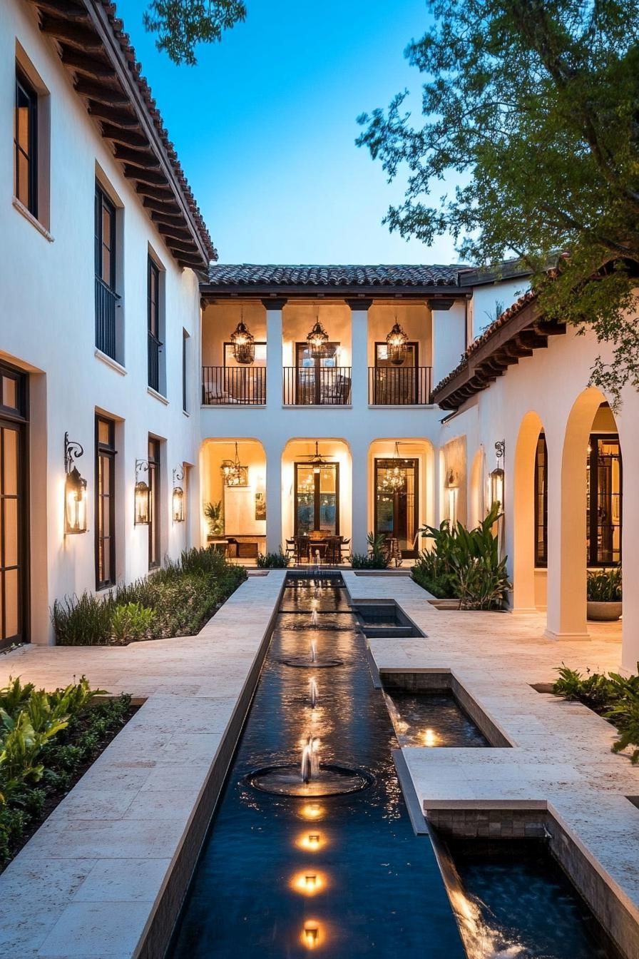 big modern Spanish hacienda with courtyard fountains