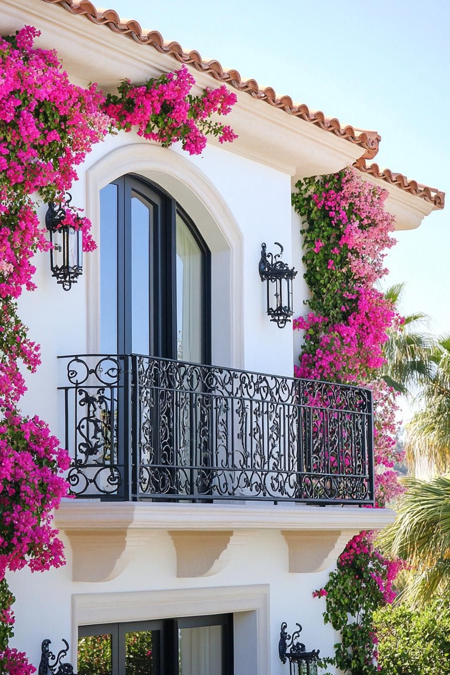 modern Tuscan mediterranean house facade with ornate wrought iron balconies with Bougainvillea climbers 2