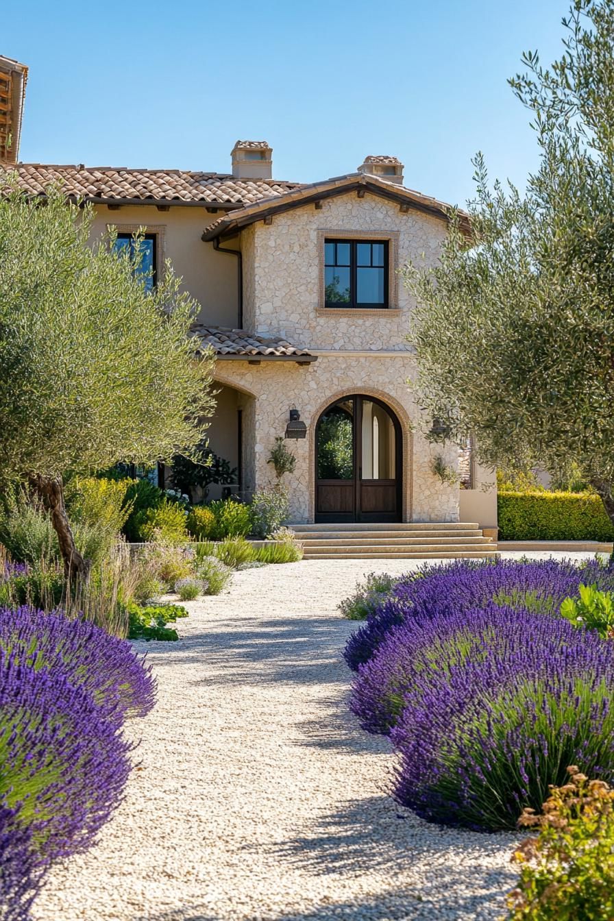 modern Italian mediterranean house frontyard veggie garden with lavender lining and olive trees 3