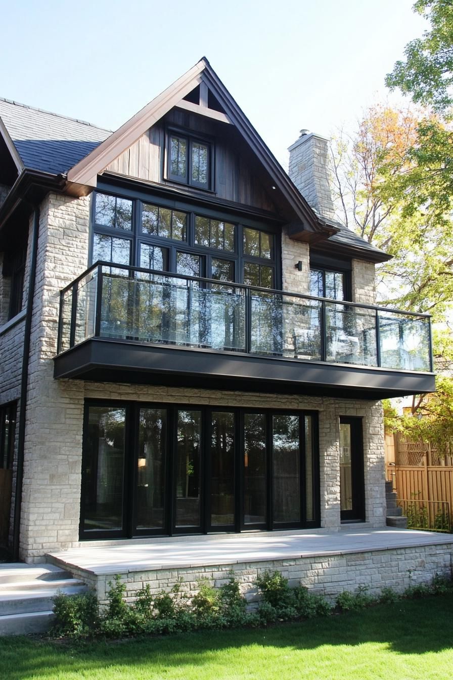 English cottage style townhouse with second story balcony with glass railings