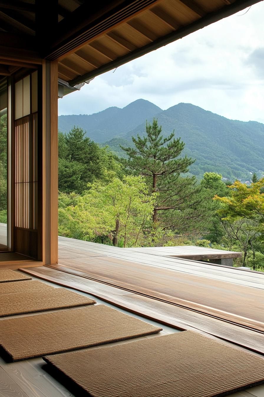 modern zen style home porch with tatami mats and mountain views 3