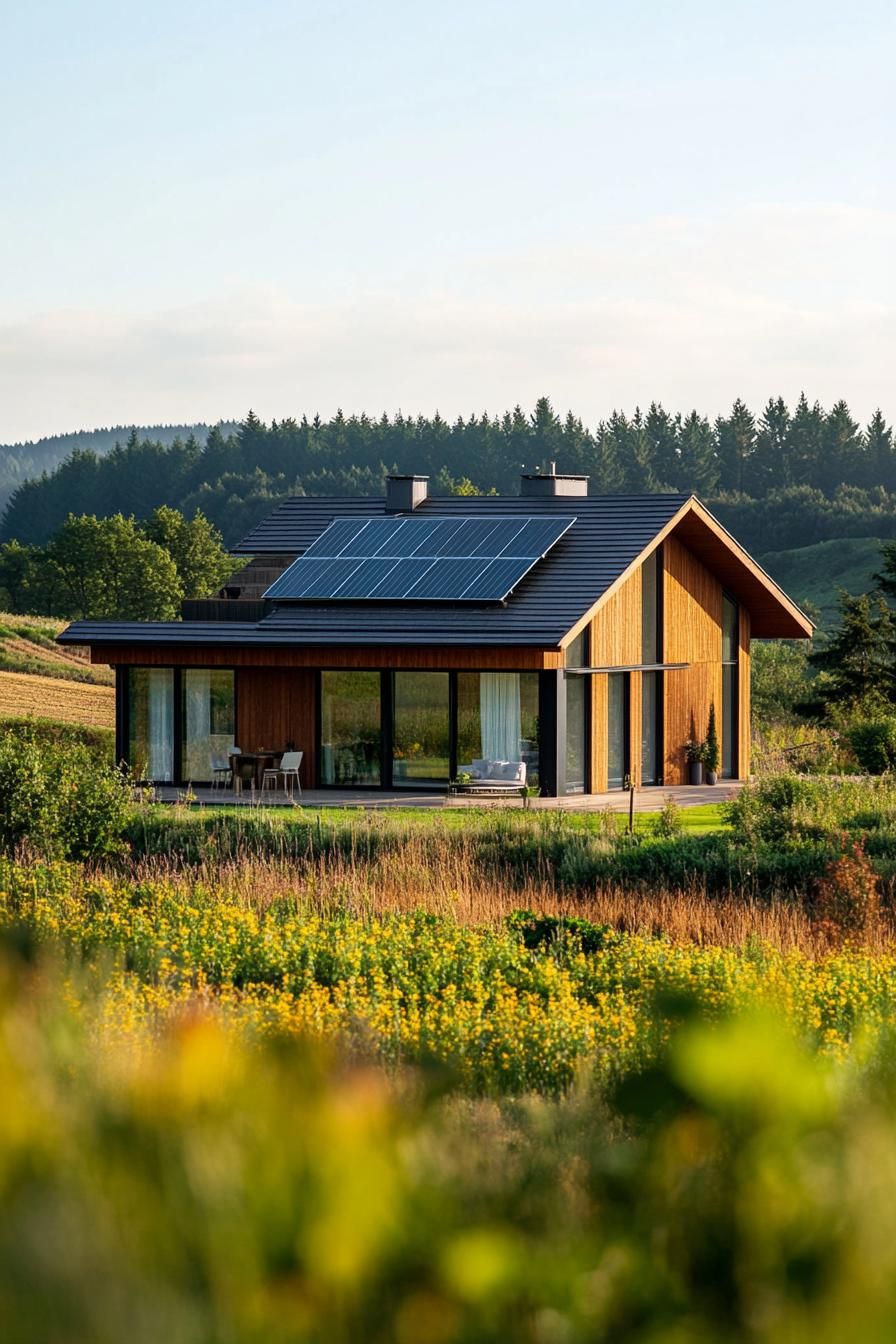 modern house with solar roof on a beautiful farmland