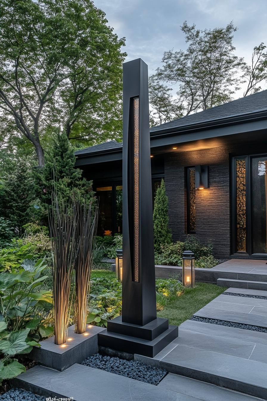 modern black house front yard garden with tall slim art deco sculpture and lanterns