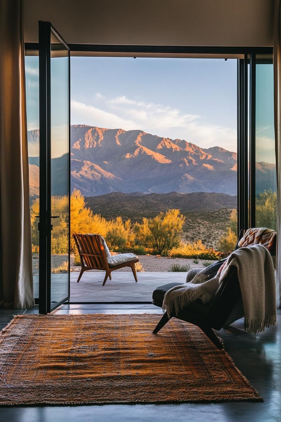 mid century modern house interior with large glass doors leading to a patio splayed leg chairs draped with throw blankets on the patio overlooking stunning mountains afar