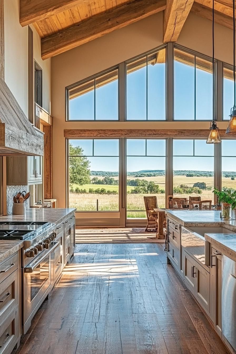 rustic ranch house interior open plan kitchen with large windows stunning view of ranch fields outside