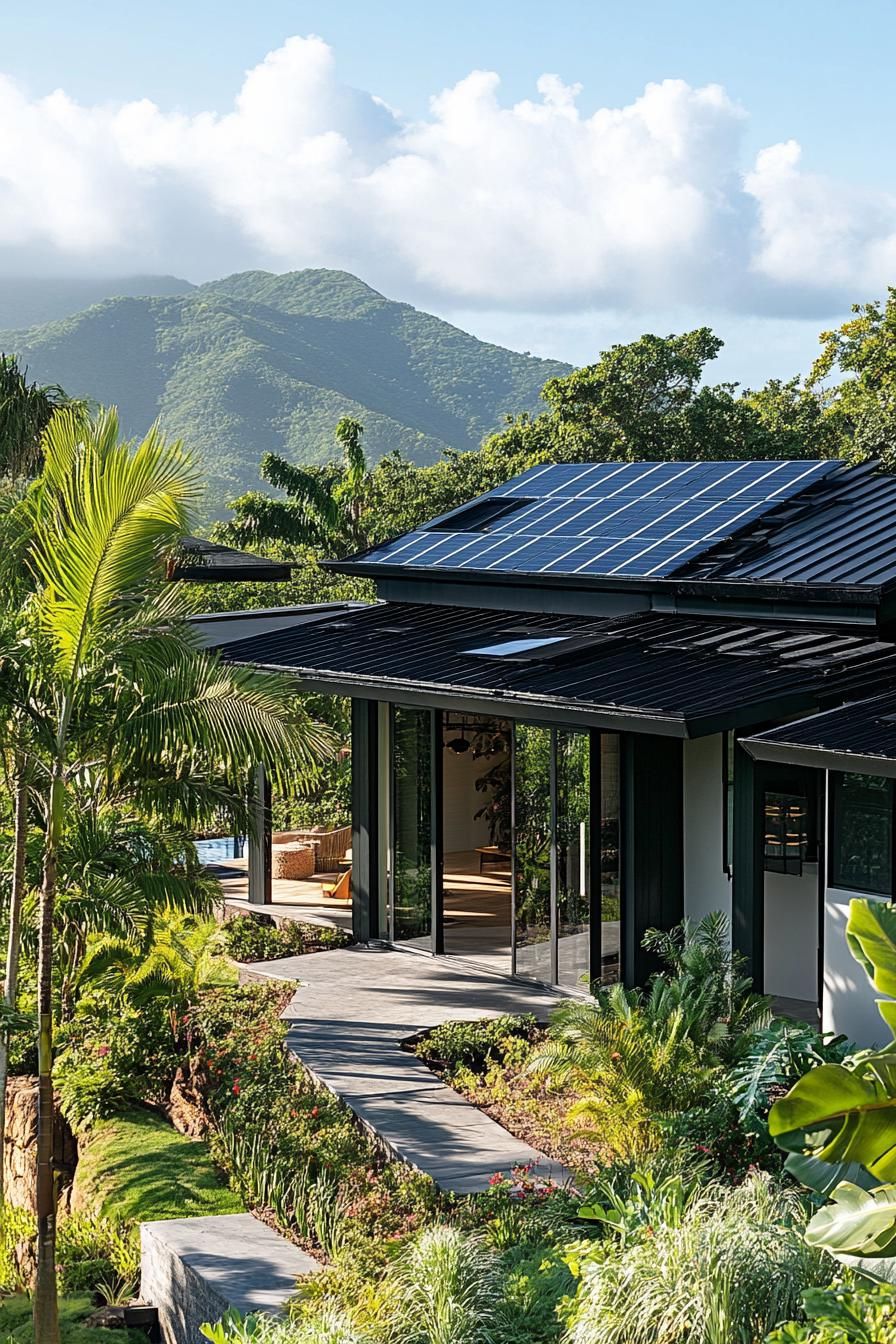 modern house with black shingle roof and solar panels tropical lush hill 2