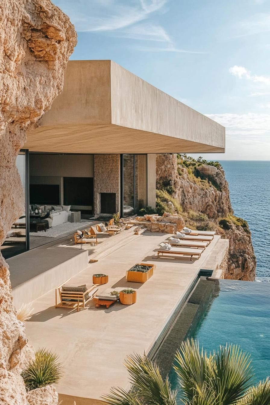 cliffside luxury villa with huge covered terrace geometric facade and infinity pool