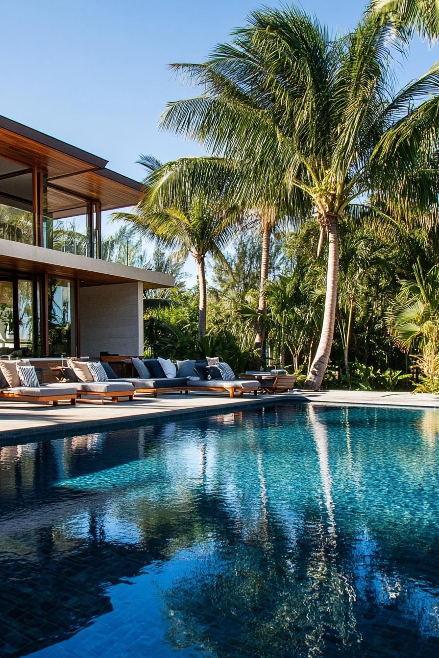 modern house pool with swim up bar tall palms in the backyard tropical landscape