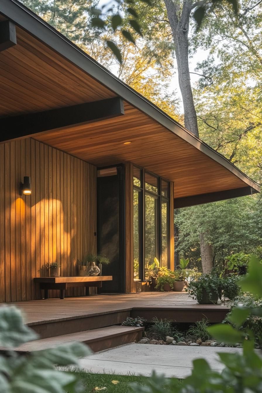 mid century modern house front porch with natural wood siding
