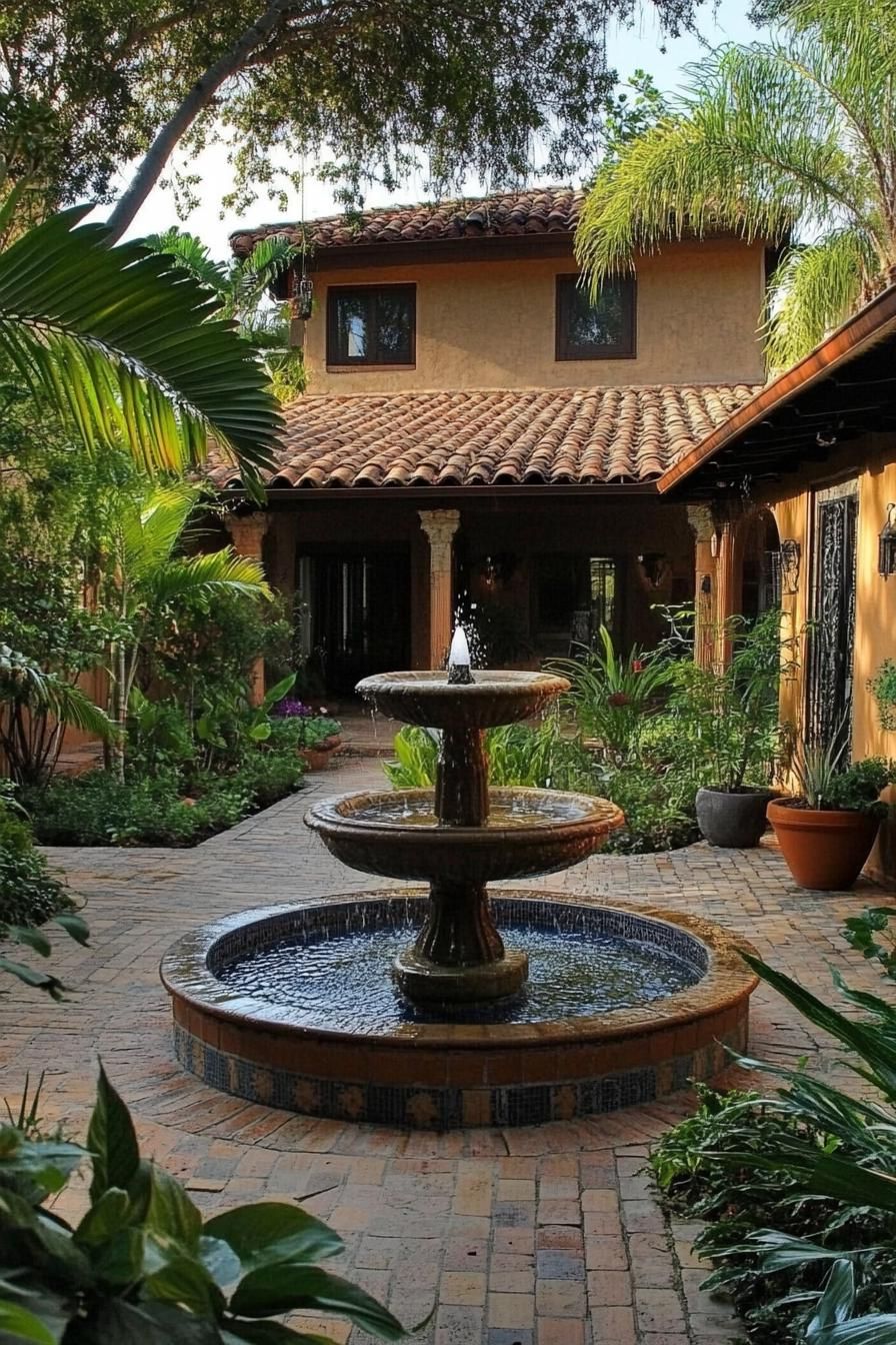 small modern mediterranean house courtyard with fountain and garden 3