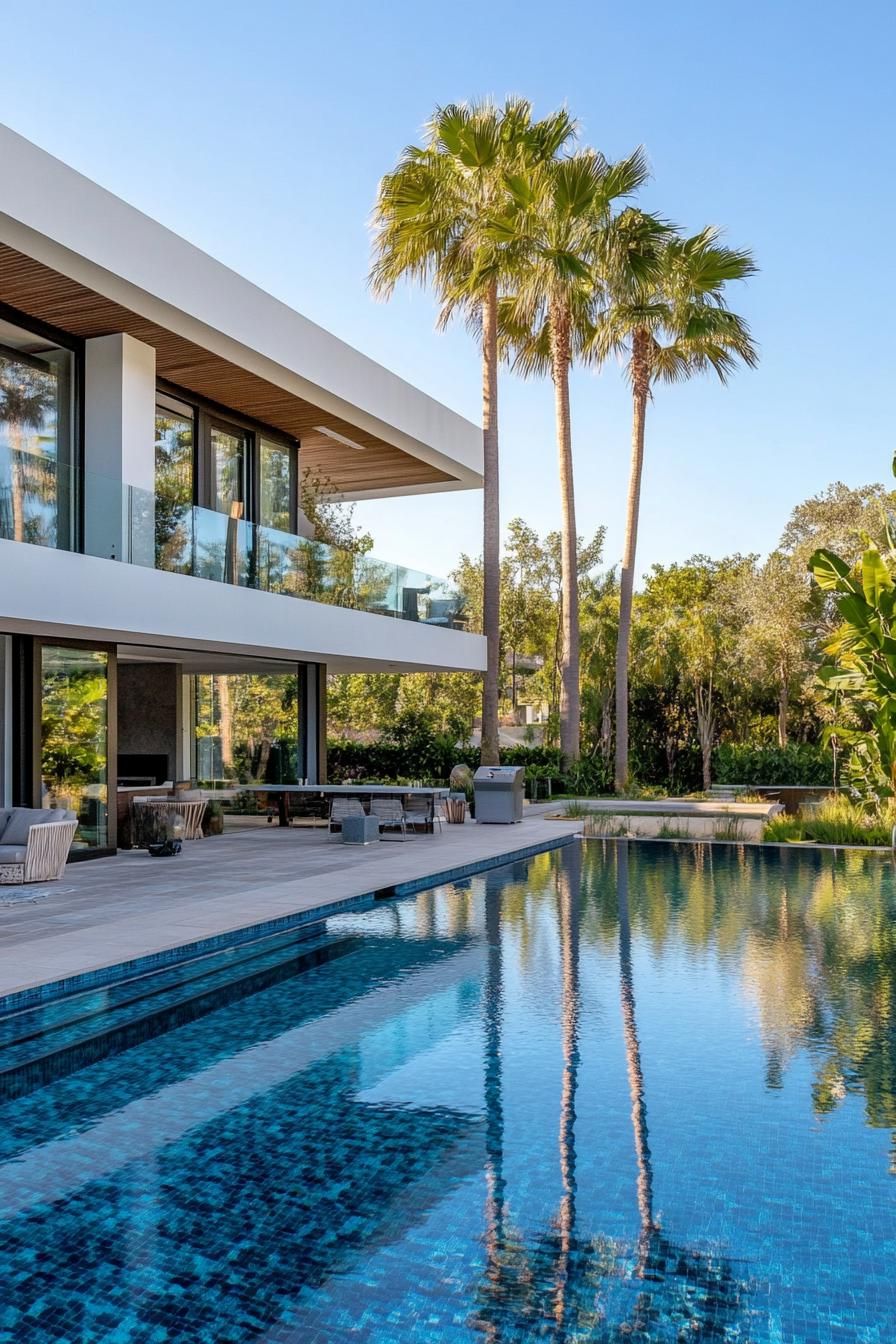 modern house with large pool wrapping around the house tall palms in the backyard