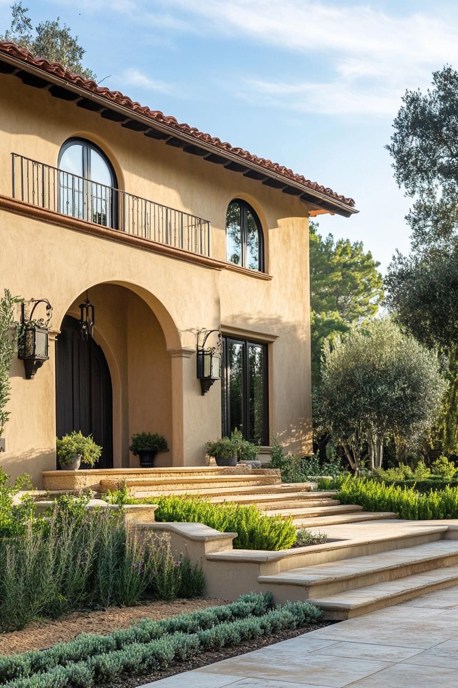 mediterranean revival architecture house facade stucco painted in earthy tones frontyard olive garden 2