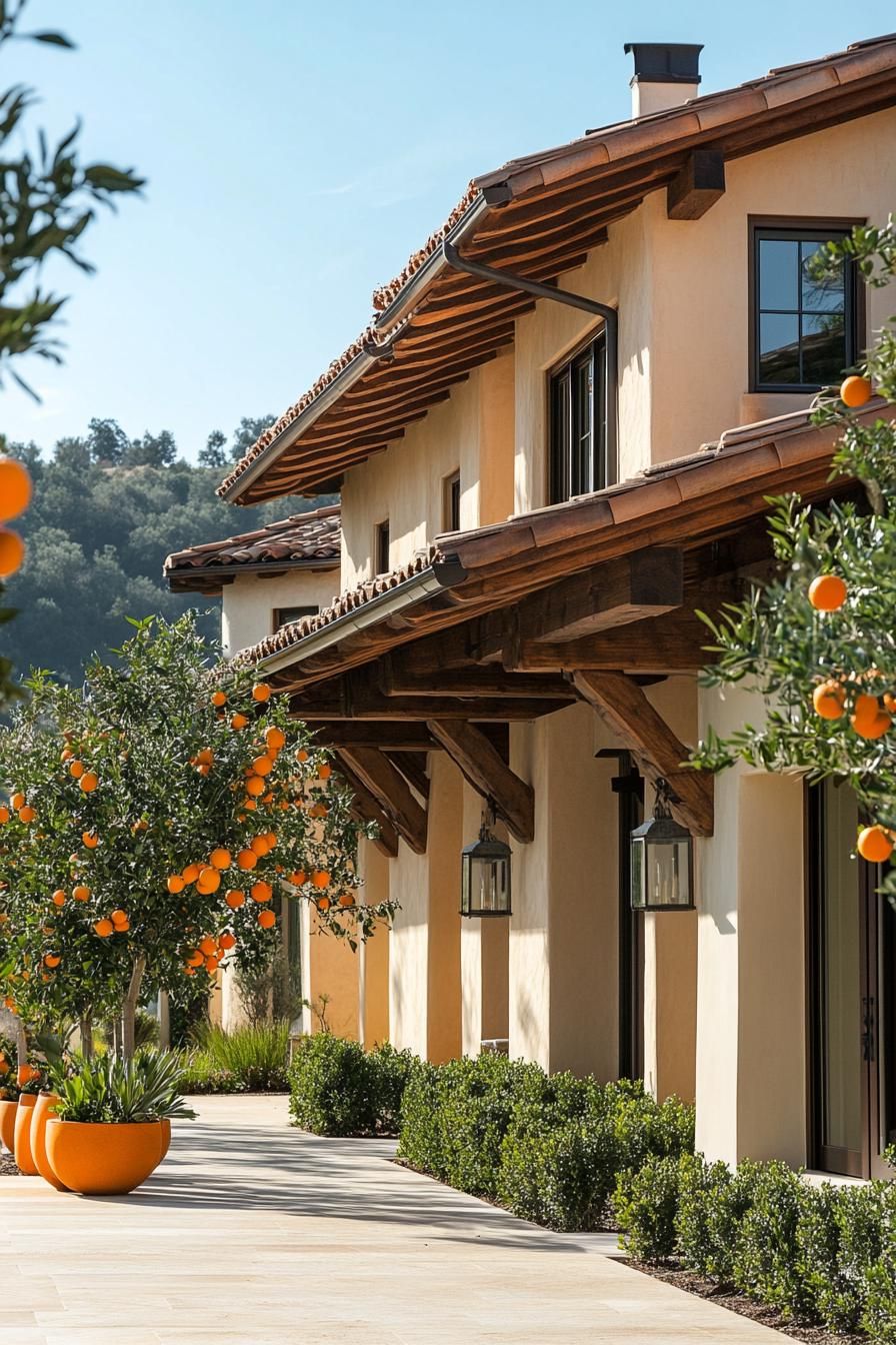 modern Tuscan mediterranean house facade with exposed wood beams on eaves orange tree lined front yard path