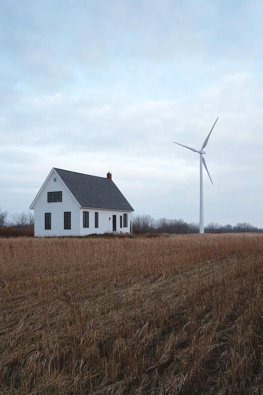 modern farmhouse homestead with large fields and a wind turbine in the fields 3